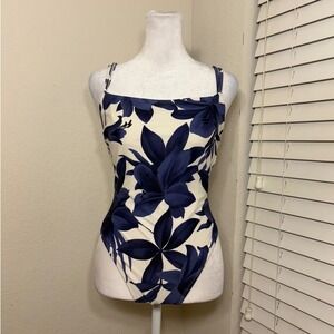 La Blanca by Rob Beattie vintage size 10 one piece white blue tropical swimsuit